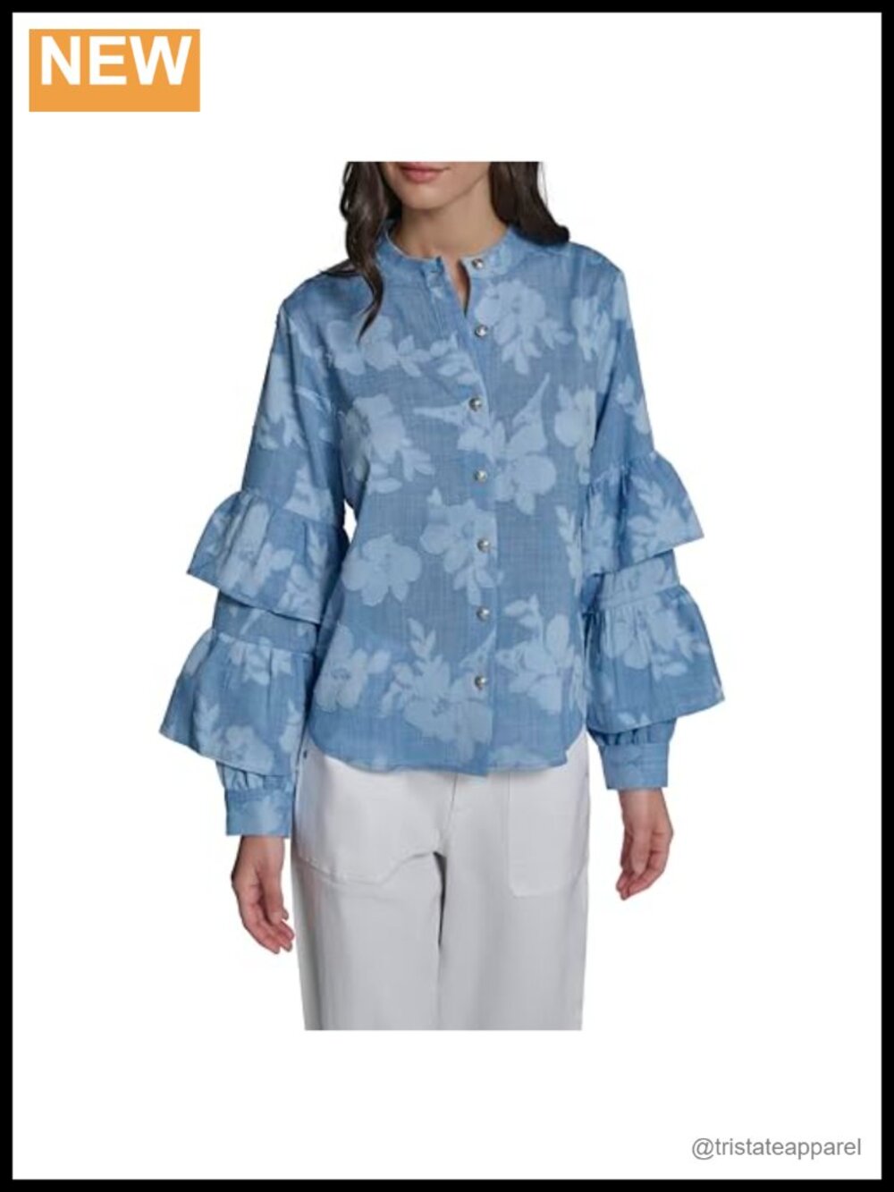 Karl Lagerfeld Long Sleeve V-Neck Floral Denim Blouse Women's